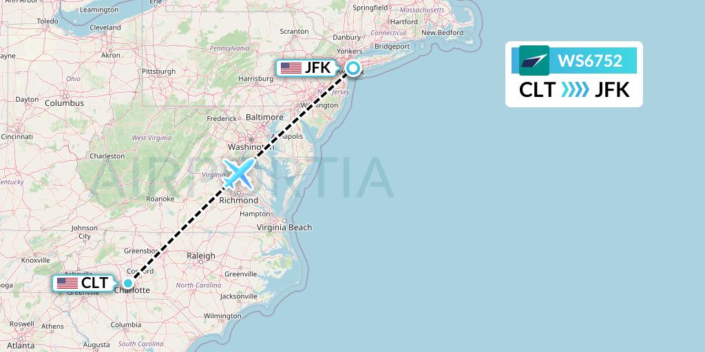 WS6752 WestJet Flight Map: Charlotte to New York