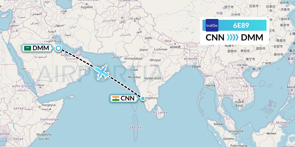 6E89 IndiGo Airlines Flight Map: Mattannur to Dammam