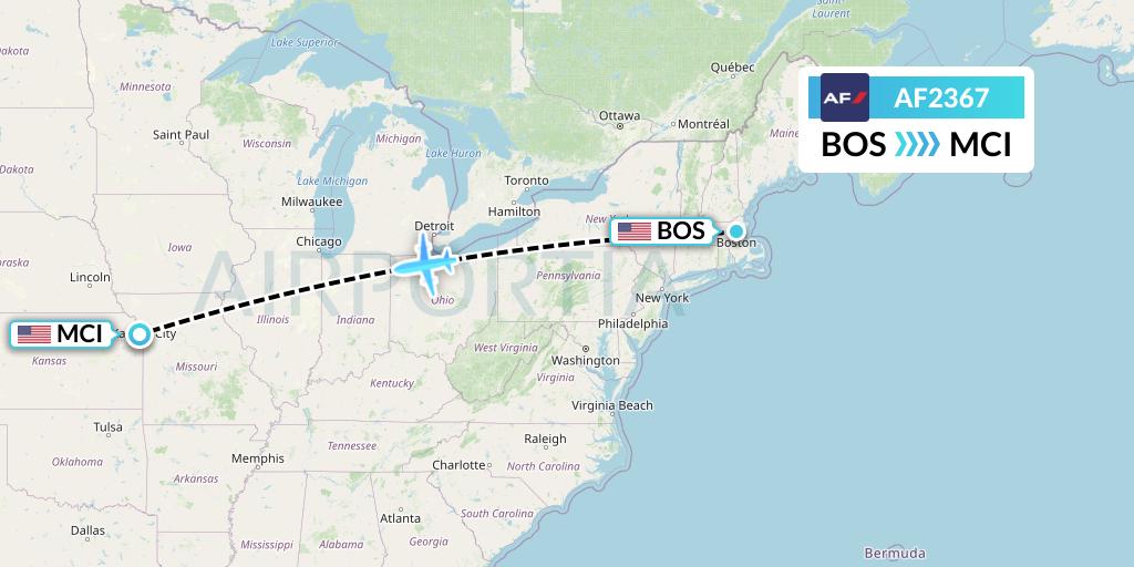 AF2367 Air France Flight Map: Boston to Kansas City