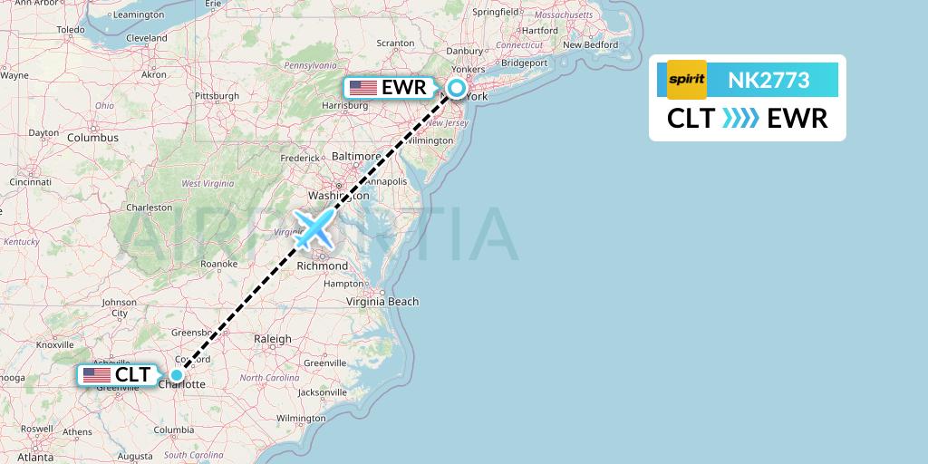 NK2773 Spirit Airlines Flight Map: Charlotte to New York
