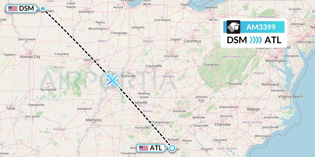 AM3399 Aeromexico Flight Map: Des Moines to Atlanta