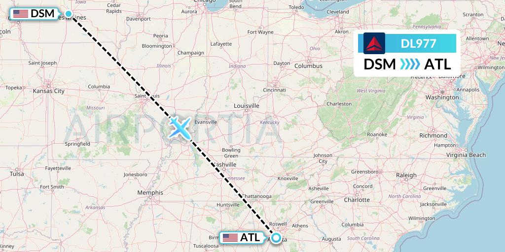 DL977 Delta Air Lines Flight Map: Des Moines to Atlanta