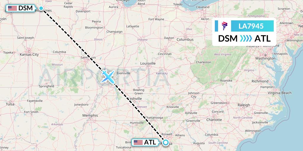 LA7945 LAN Airlines Flight Map: Des Moines to Atlanta