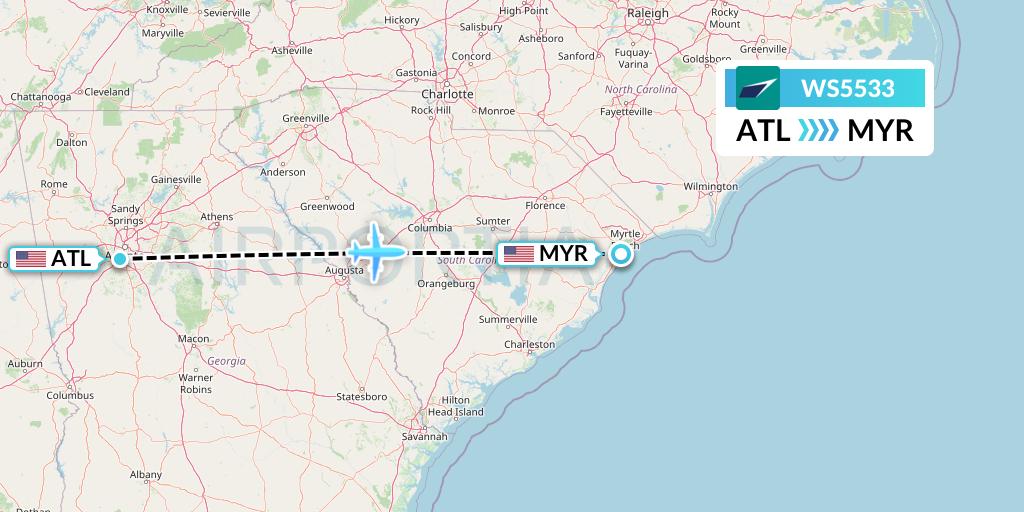 WS5533 WestJet Flight Map: Atlanta to Myrtle Beach