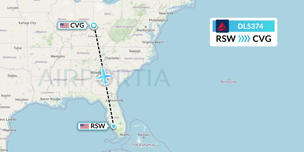 DL5374 Delta Air Lines Flight Map: Fort Myers to Cincinnati