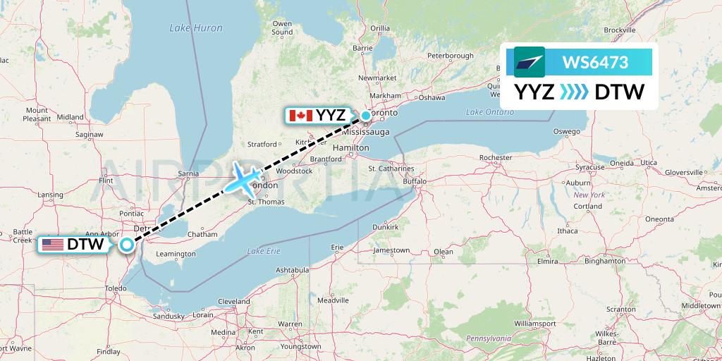 WS6473 WestJet Flight Map: Toronto to Detroit