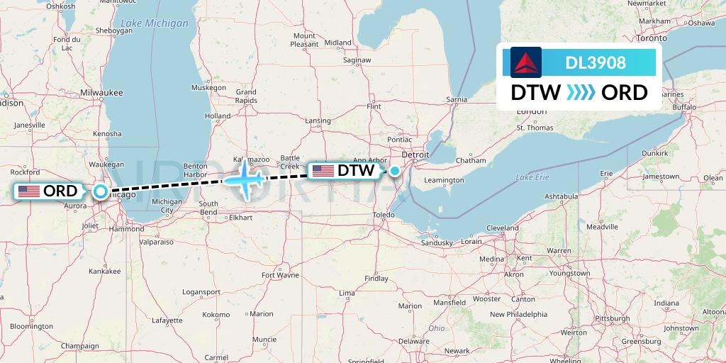 DL3908 Delta Air Lines Flight Map: Detroit to Chicago