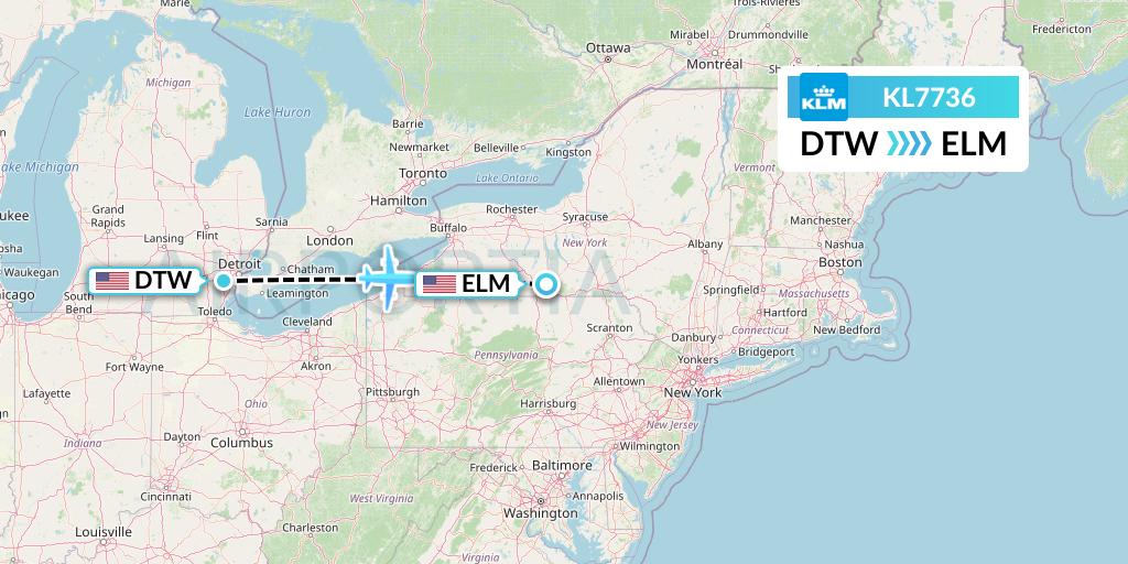 KL7736 KLM Flight Map: Detroit to Elmira