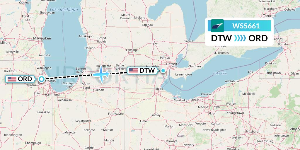 WS5661 WestJet Flight Map: Detroit to Chicago