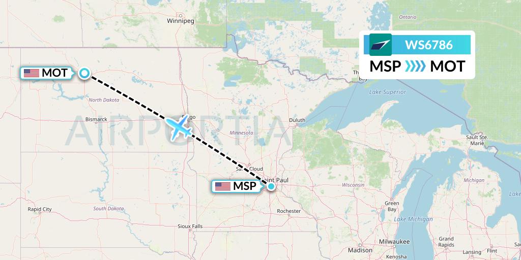 WS6786 WestJet Flight Map: Minneapolis to Minot