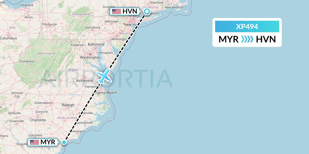 XP494 Avelo Airlines Flight Map: Myrtle Beach to New Haven