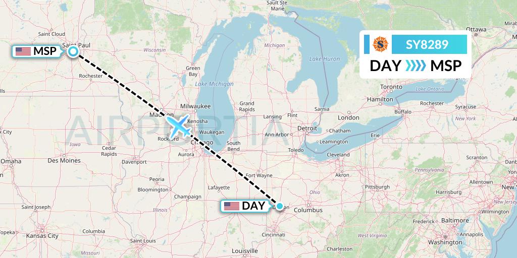 SY8289 Sun Country Airlines Flight Map: Dayton to Minneapolis