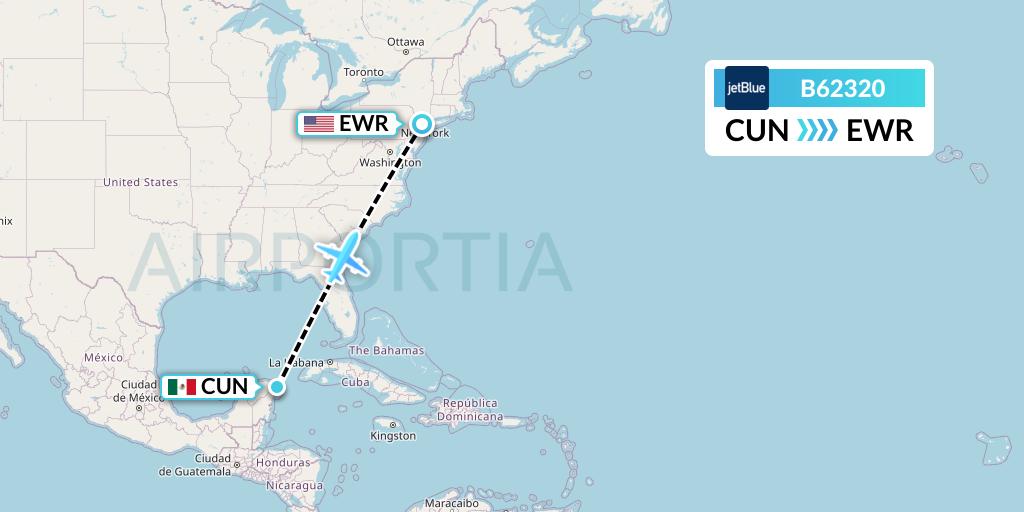 B62320 JetBlue Airways Flight Map: Cancun to New York