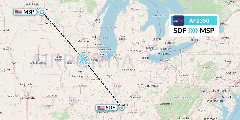 AF2350 Air France Flight Map: Louisville to Minneapolis