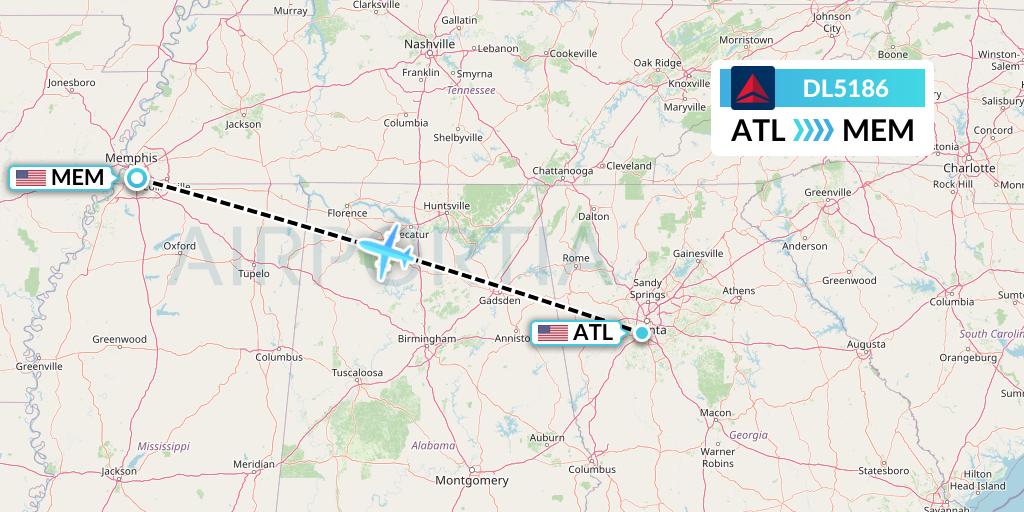 DL5186 Delta Air Lines Flight Map: Atlanta to Memphis