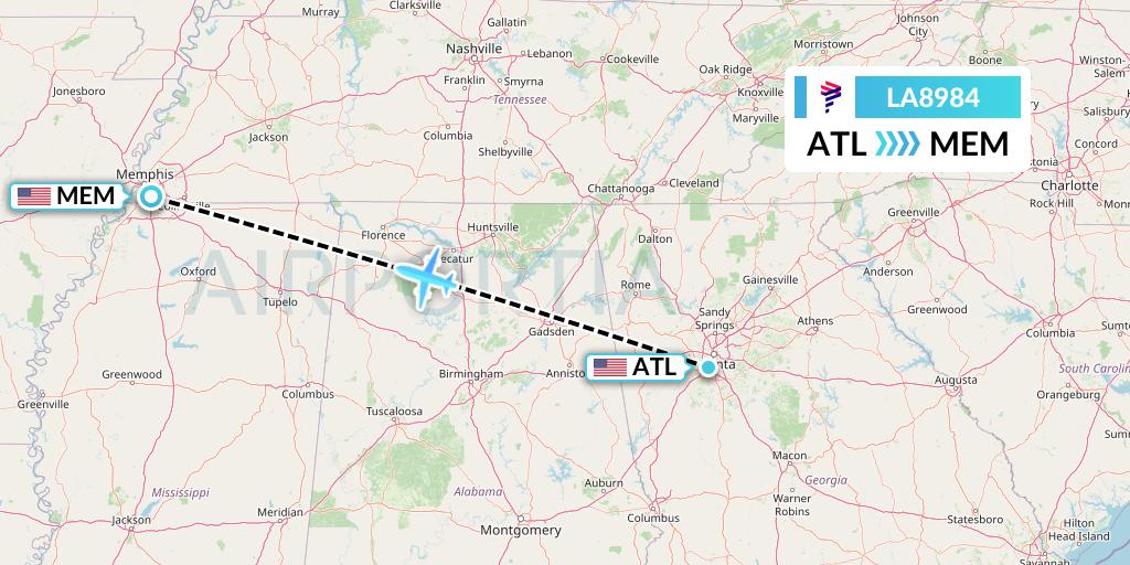 LA8984 LAN Airlines Flight Map: Atlanta to Memphis