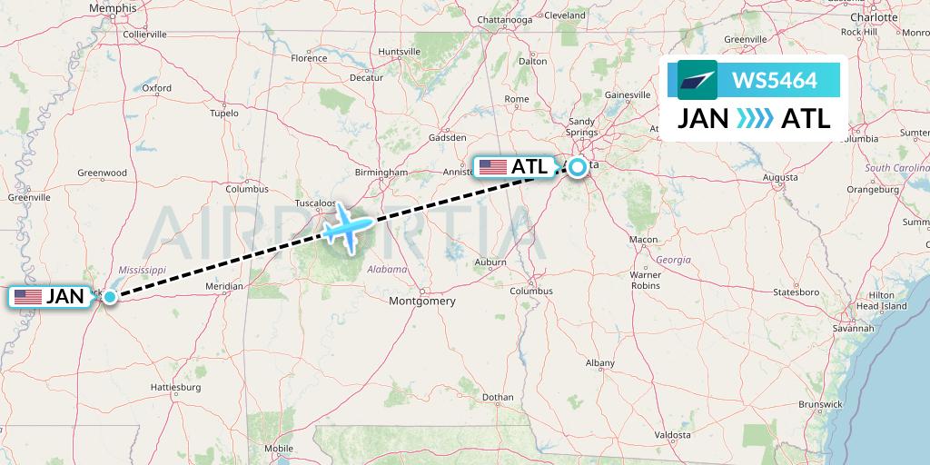 WS5464 WestJet Flight Map: Jackson to Atlanta