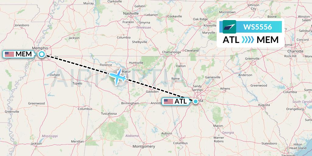 WS5556 WestJet Flight Map: Atlanta to Memphis