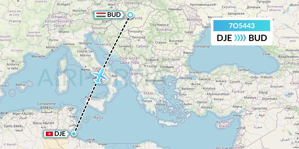 7O5443 Travel Service Hungary Flight Map: Djerba to Budapest