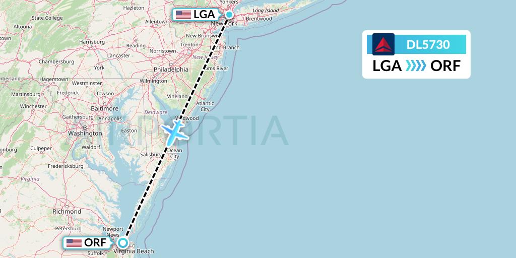 DL5730 Delta Air Lines Flight Map: New York to Norfolk