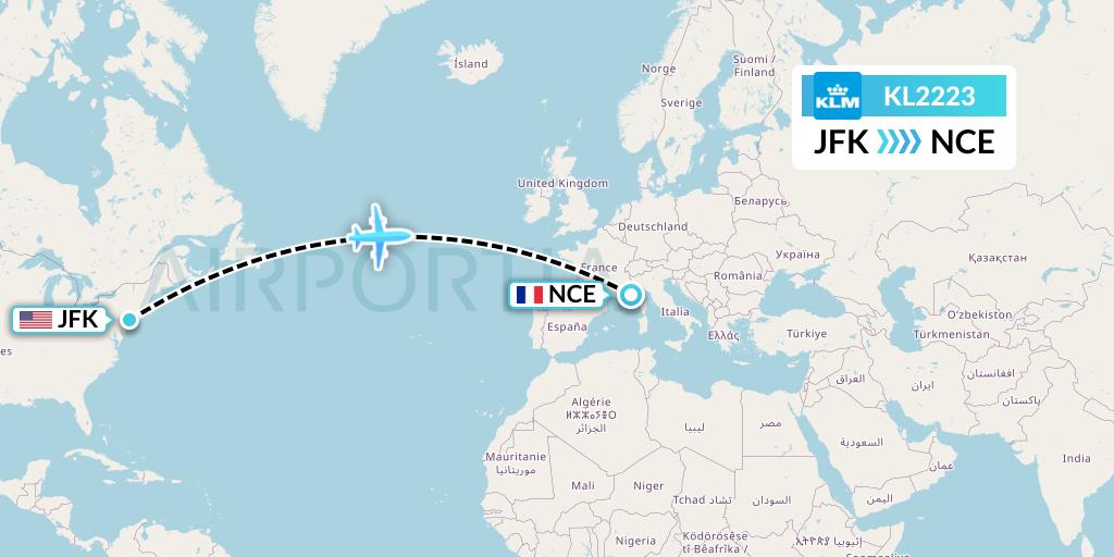KL2223 KLM Flight Map: New York to Nice