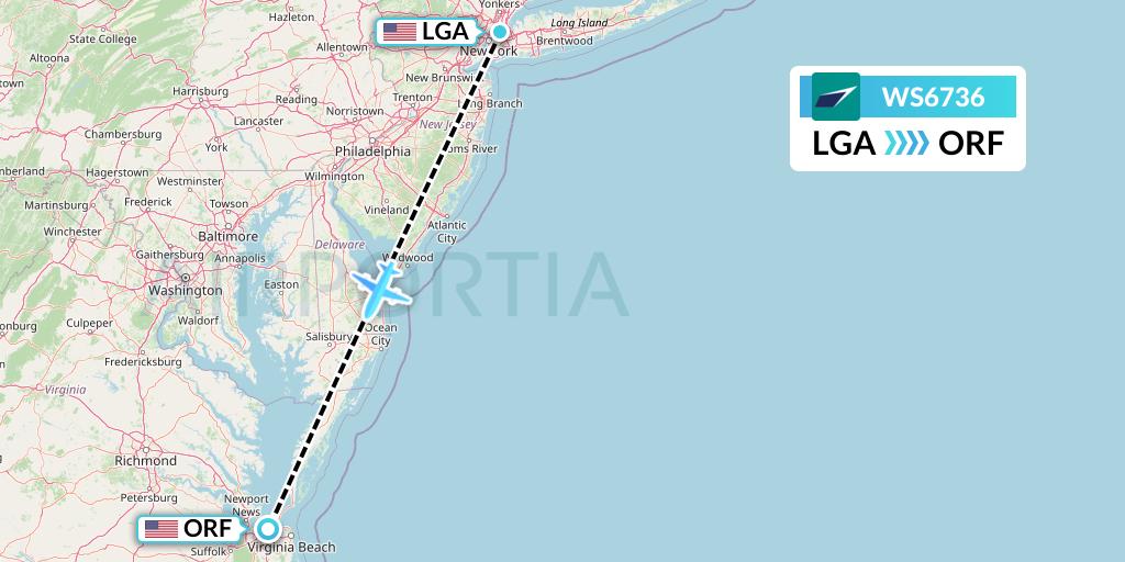 WS6736 WestJet Flight Map: New York to Norfolk