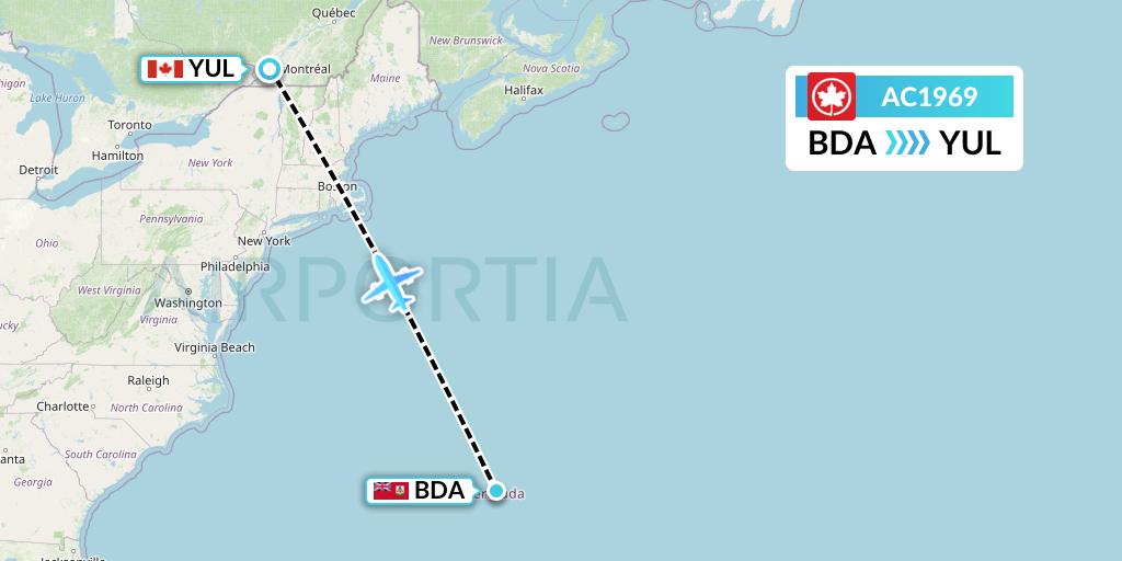 AC1969 Air Canada Flight Map: Bermuda to Montreal