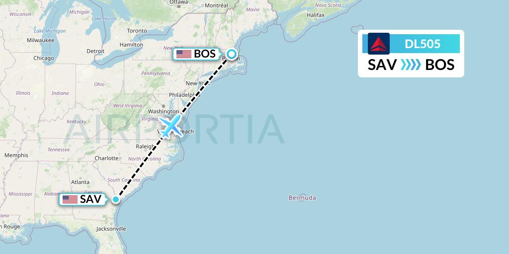 DL505 Delta Air Lines Flight Map: Savannah to Boston