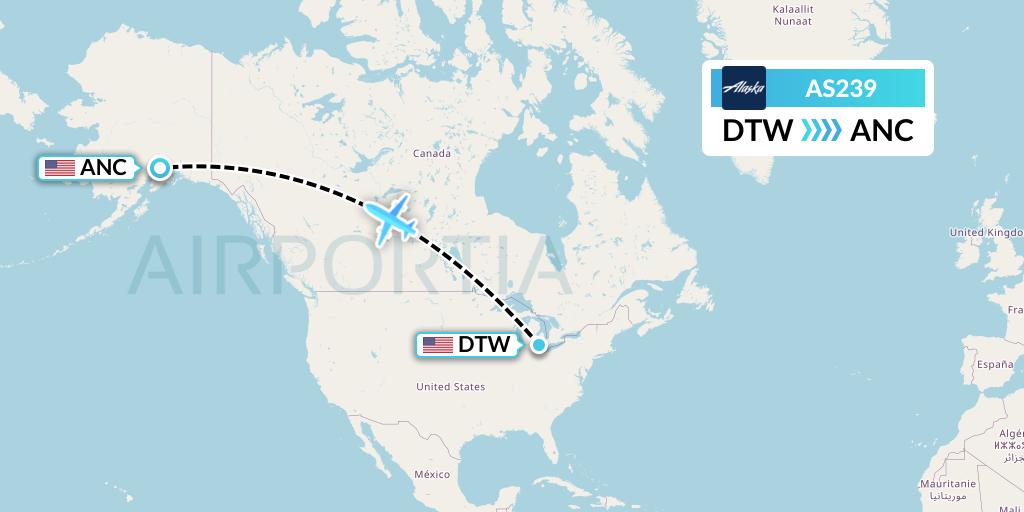 AS239 Alaska Airlines Flight Map: Detroit to Anchorage