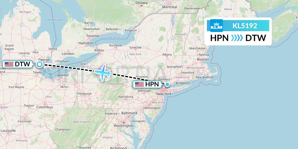 KL5192 KLM Flight Map: White Plains to Detroit