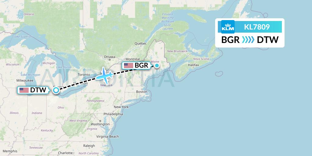 KL7809 KLM Flight Map: Bangor to Detroit