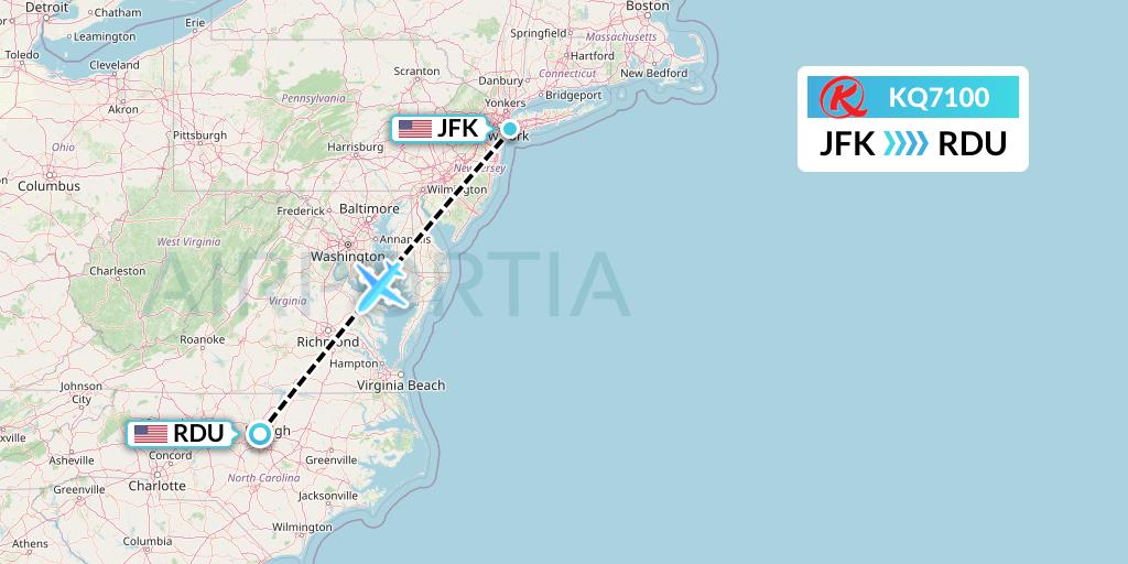 KQ7100 Kenya Airways Flight Map: New York to Raleigh-Durham