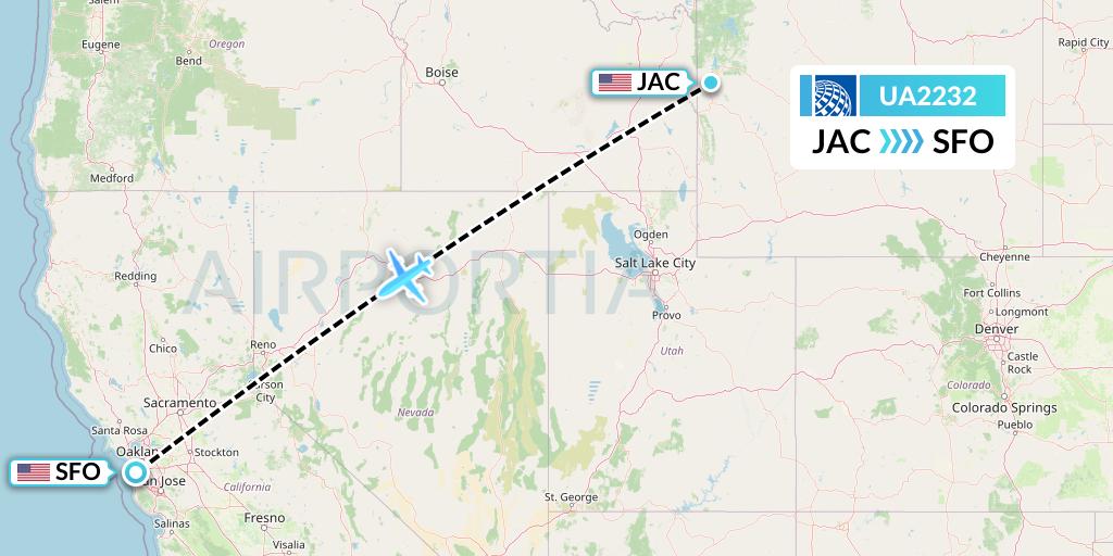 UA2232 United Airlines Flight Map: Jackson to San Francisco