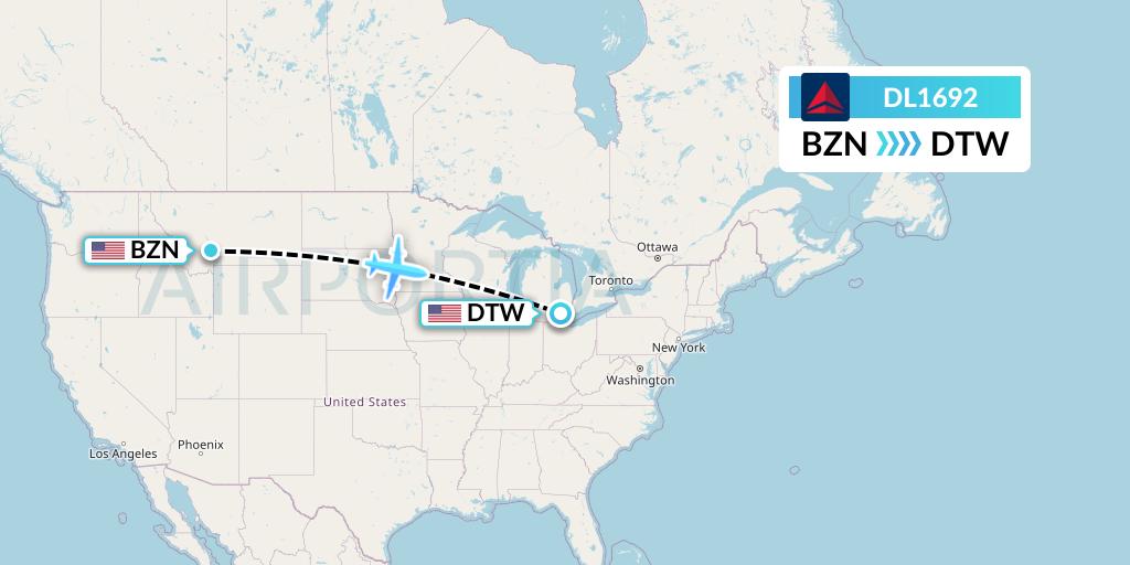 DL1692 Delta Air Lines Flight Map: Bozeman to Detroit