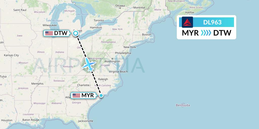 DL963 Delta Air Lines Flight Map: Myrtle Beach to Detroit