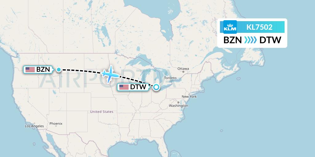 KL7502 KLM Flight Map: Bozeman to Detroit