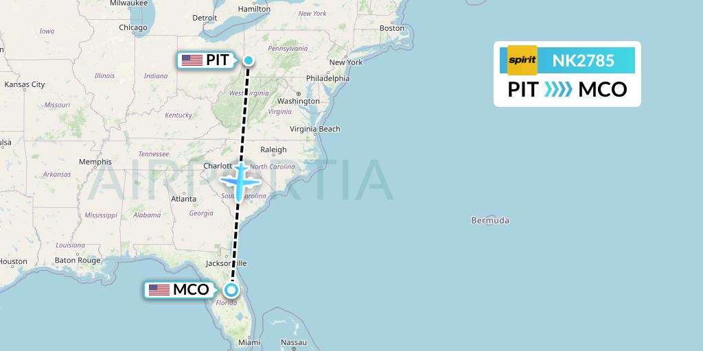 NK2785 Spirit Airlines Flight Map: Pittsburgh to Orlando