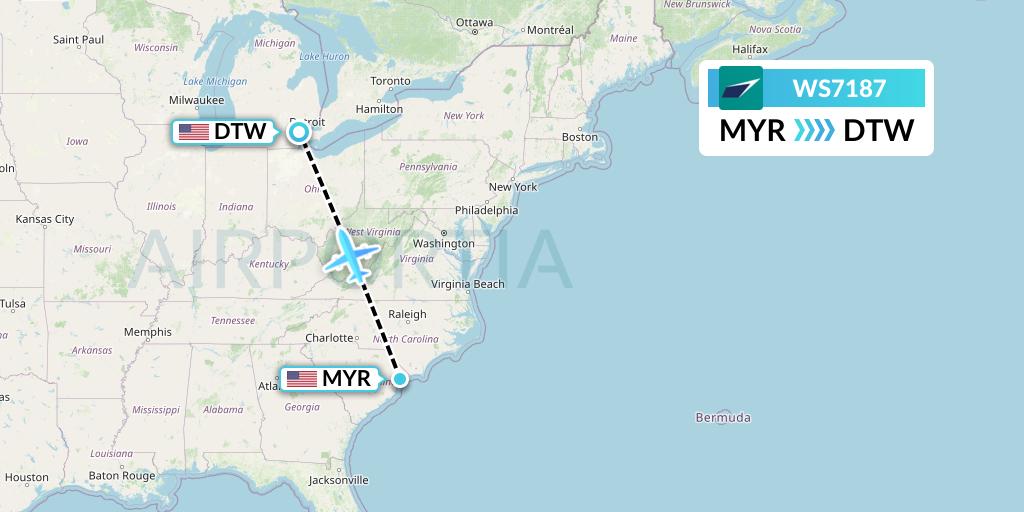 WS7187 WestJet Flight Map: Myrtle Beach to Detroit