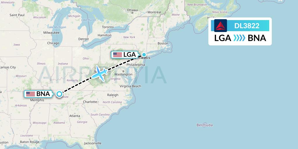 DL3822 Delta Air Lines Flight Map: New York to Nashville