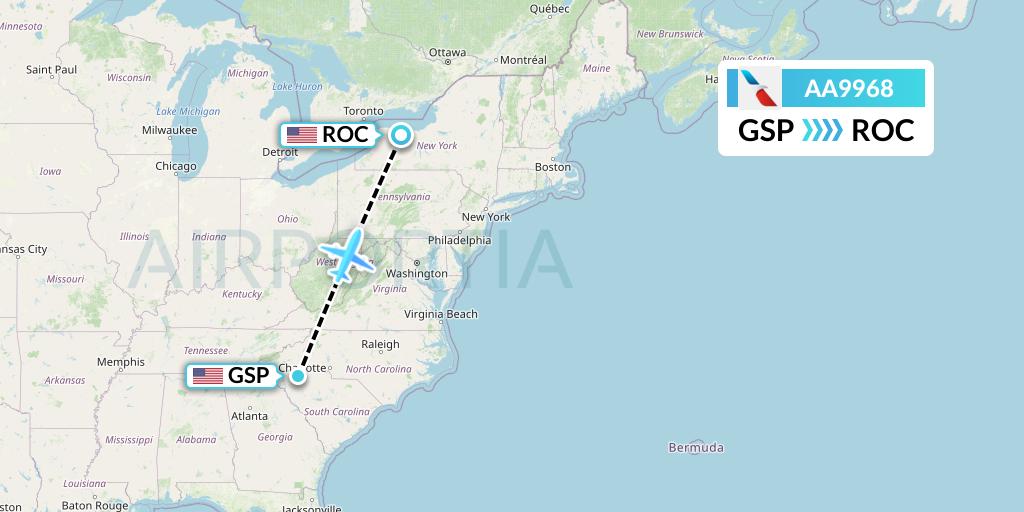 AA9968 American Airlines Flight Map: Greenville-Spartanburg to Rochester