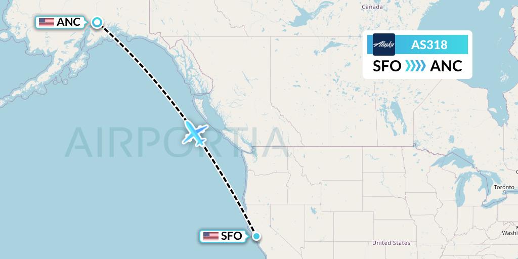 AS318 Alaska Airlines Flight Map: San Francisco to Anchorage