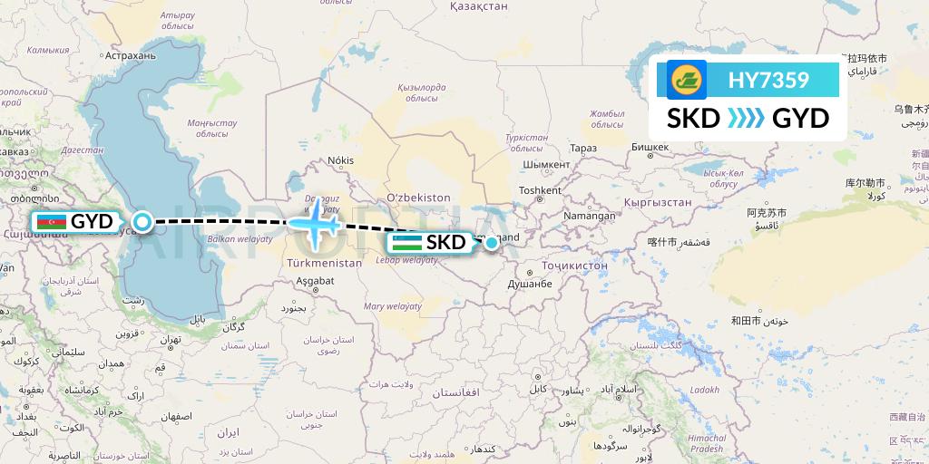 HY7359 Uzbekistan Airways Flight Map: Samarkand to Baku