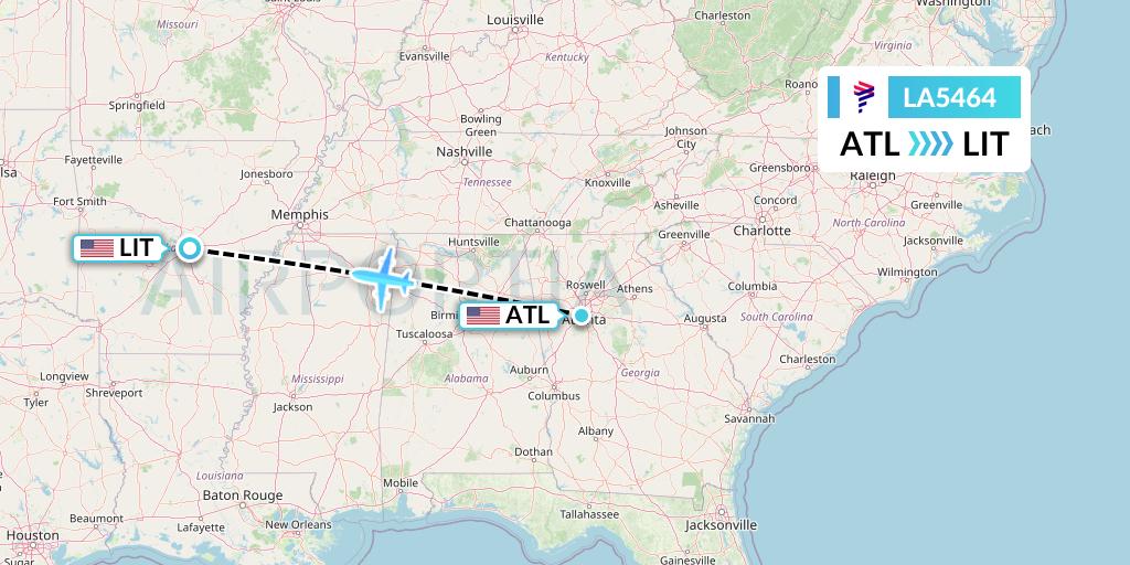 LA5464 LAN Airlines Flight Map: Atlanta to Little Rock