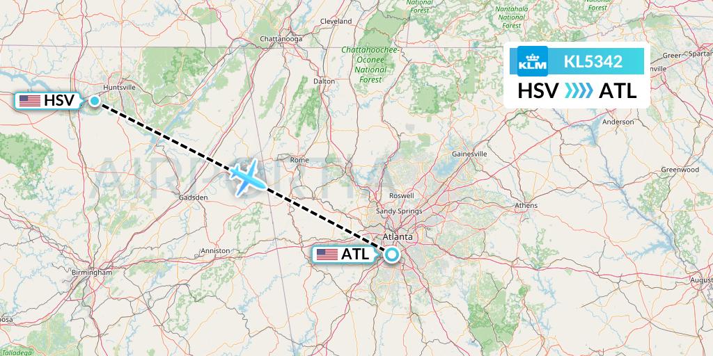 KL5342 KLM Flight Map: Huntsville to Atlanta