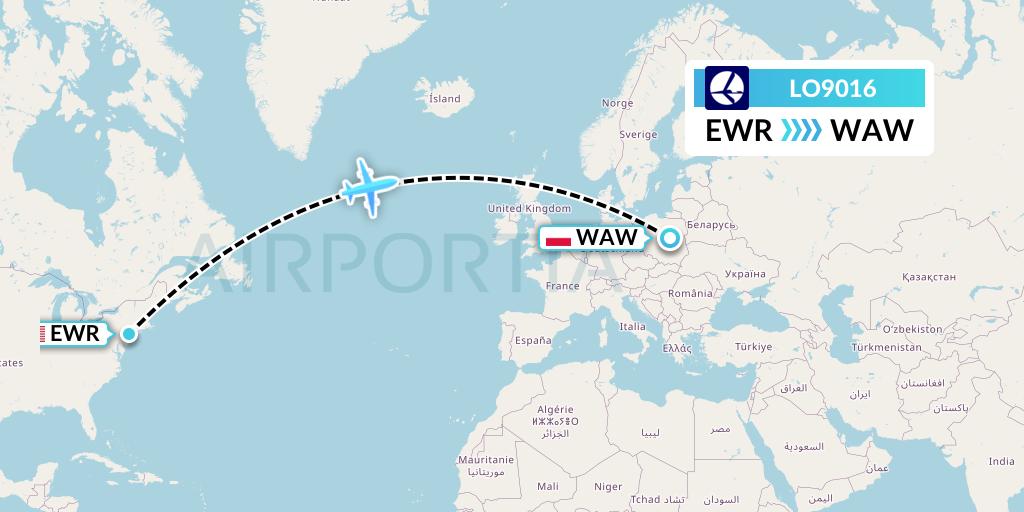 LO9016 LOT Flight Map: New York to Warsaw
