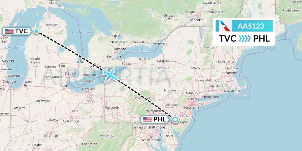 AA5123 American Airlines Flight Map: Traverse City to Philadelphia