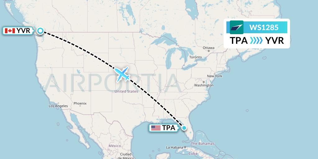WS1285 WestJet Flight Map: Tampa to Vancouver