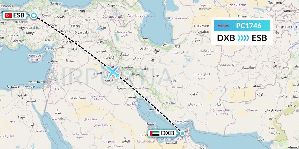 PC1746 Pegasus Airlines Flight Map: Dubai to Ankara