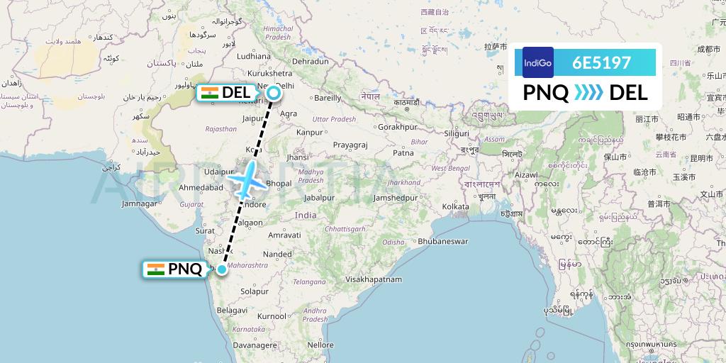 6E5197 IndiGo Airlines Flight Map: Pune to Delhi