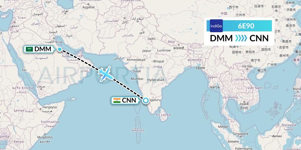 6E90 IndiGo Airlines Flight Map: Dammam to Mattannur